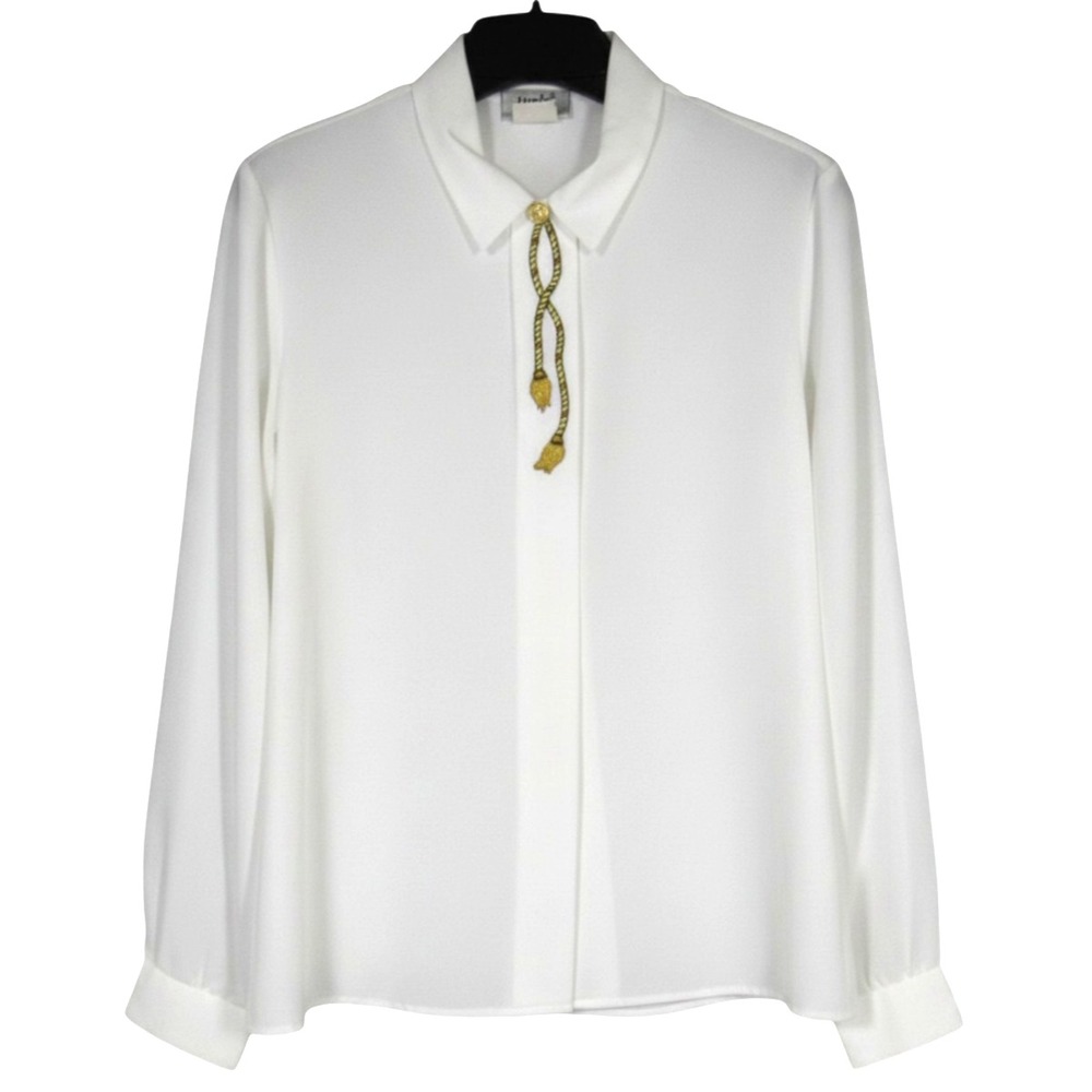 Vtg LUCIA White SATIN Button-Up Gold Rope w/Tassel EMBROIDERED Blouse/Top Sz 14